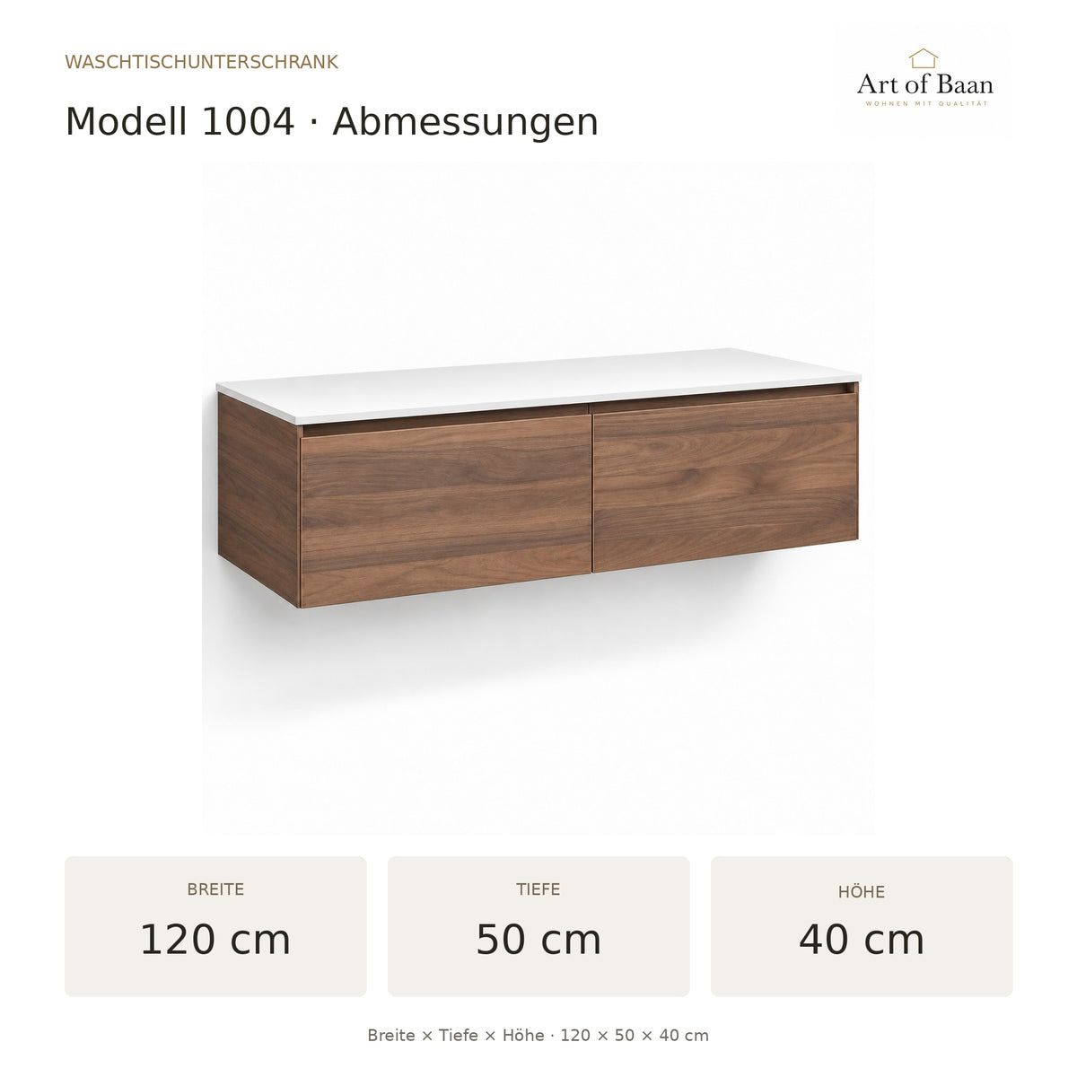 Maßbild des Waschtischunterschranks 1004: 120 cm breit, 50 cm tief und 40 cm hoch.
