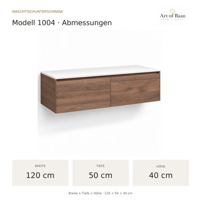 Maßbild des Waschtischunterschranks 1004: 120 cm breit, 50 cm tief und 40 cm hoch.
