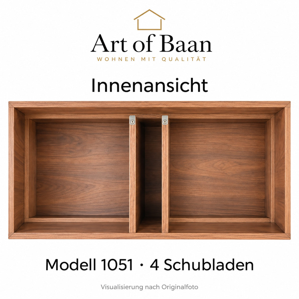 Visualisierte Innenansicht von Modell 1051 mit zwei mittleren Trennwänden, Art-of-Baan-Logo und Angabe 4 Schubladen.