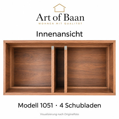 Visualisierte Innenansicht von Modell 1051 mit zwei mittleren Trennwänden, Art-of-Baan-Logo und Angabe 4 Schubladen.