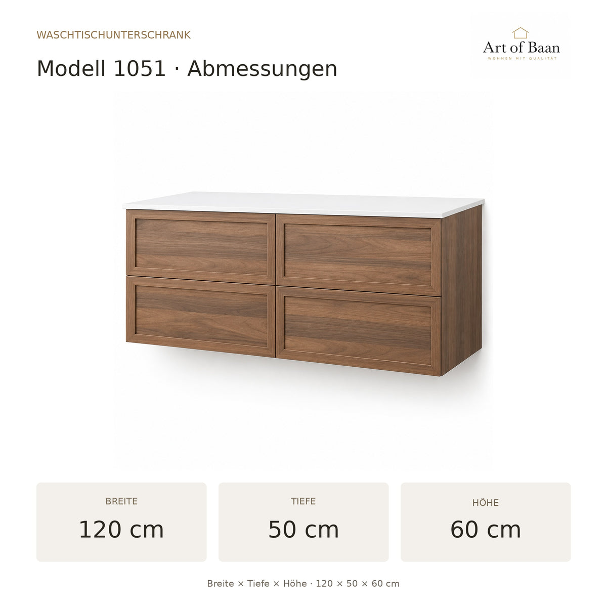 Maßbild des Waschtischunterschranks: 120 cm breit, 50 cm tief und 60 cm hoch.
