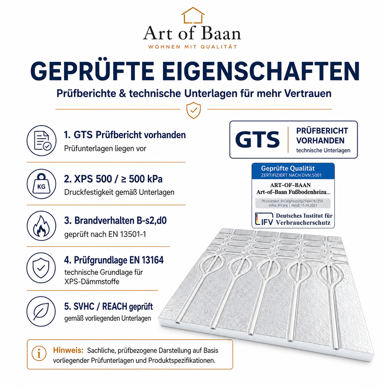 Art of Baan XPS 500 Fußbodenheizung mit geprüften Eigenschaften, GTS Prüfbericht, EN 13164, B-s2,d0 und technischen Unterlagen