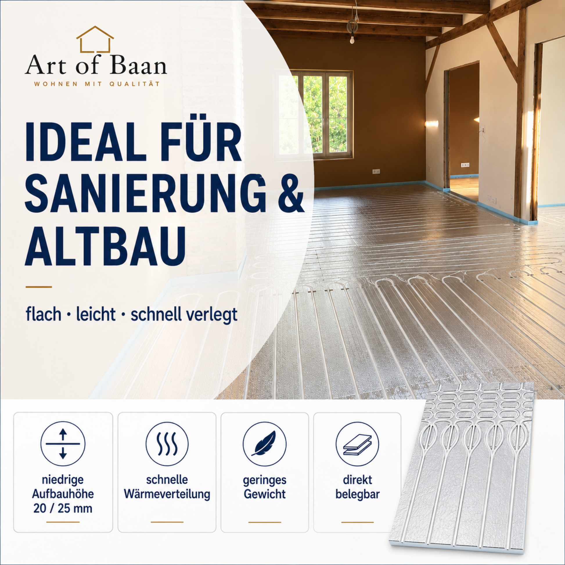 Art of Baan XPS 500 Trockenbau-Fußbodenheizung für Sanierung und Altbau mit niedriger Aufbauhöhe und schneller Wärmeverteilung
