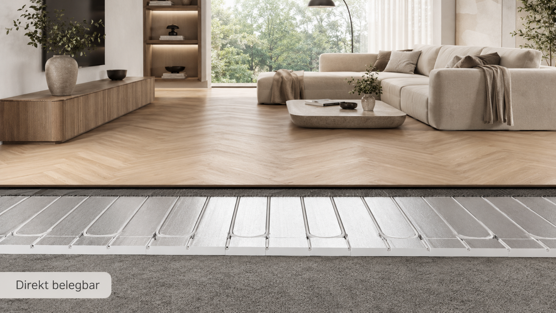 XPS 500 Trockenbau Fußbodenheizung im Wohnzimmer mit direkt belegbarem Bodenaufbau für Parkett ohne klassischen Nassestrich