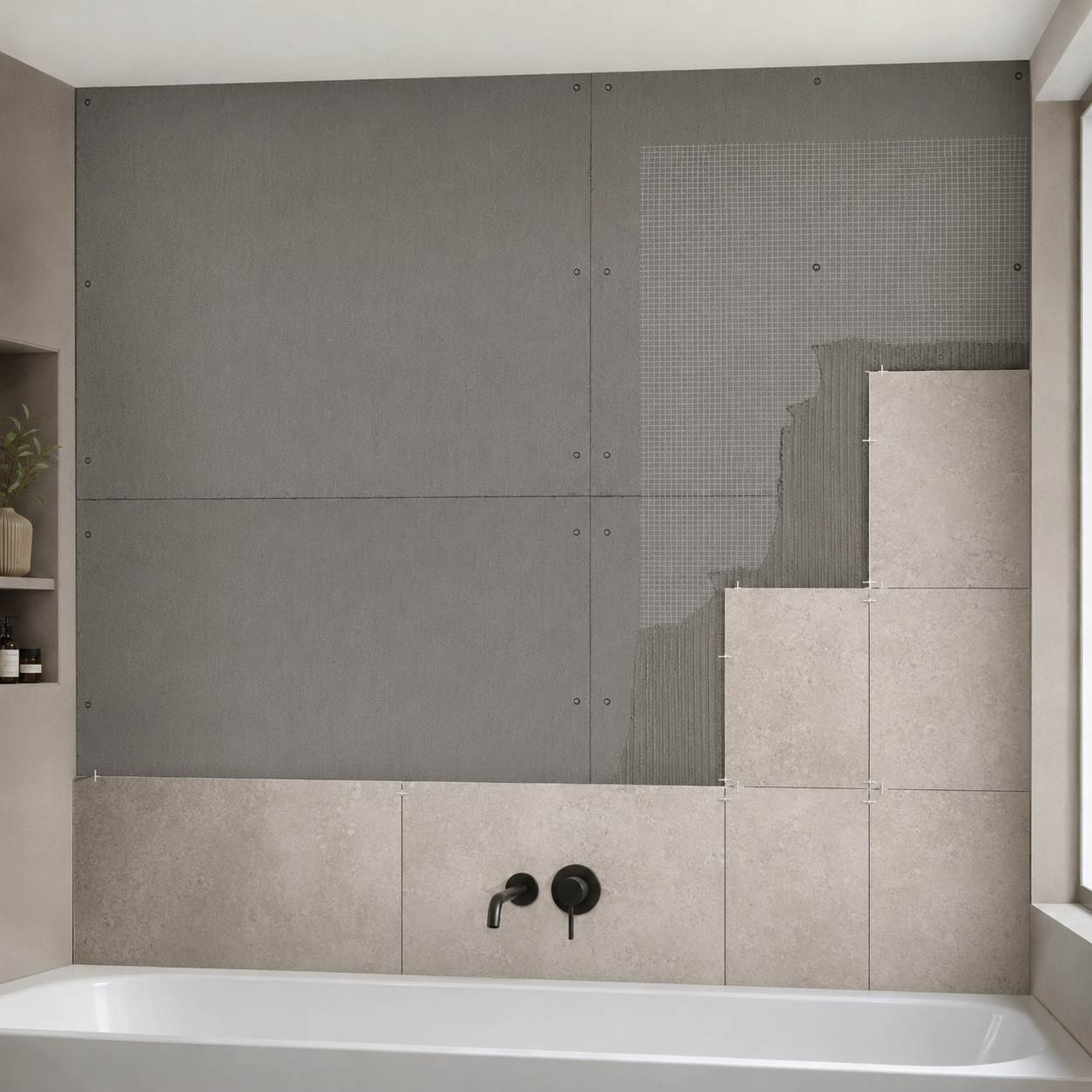 XPS Bauplatte als Fliesenuntergrund an der Badezimmerwand