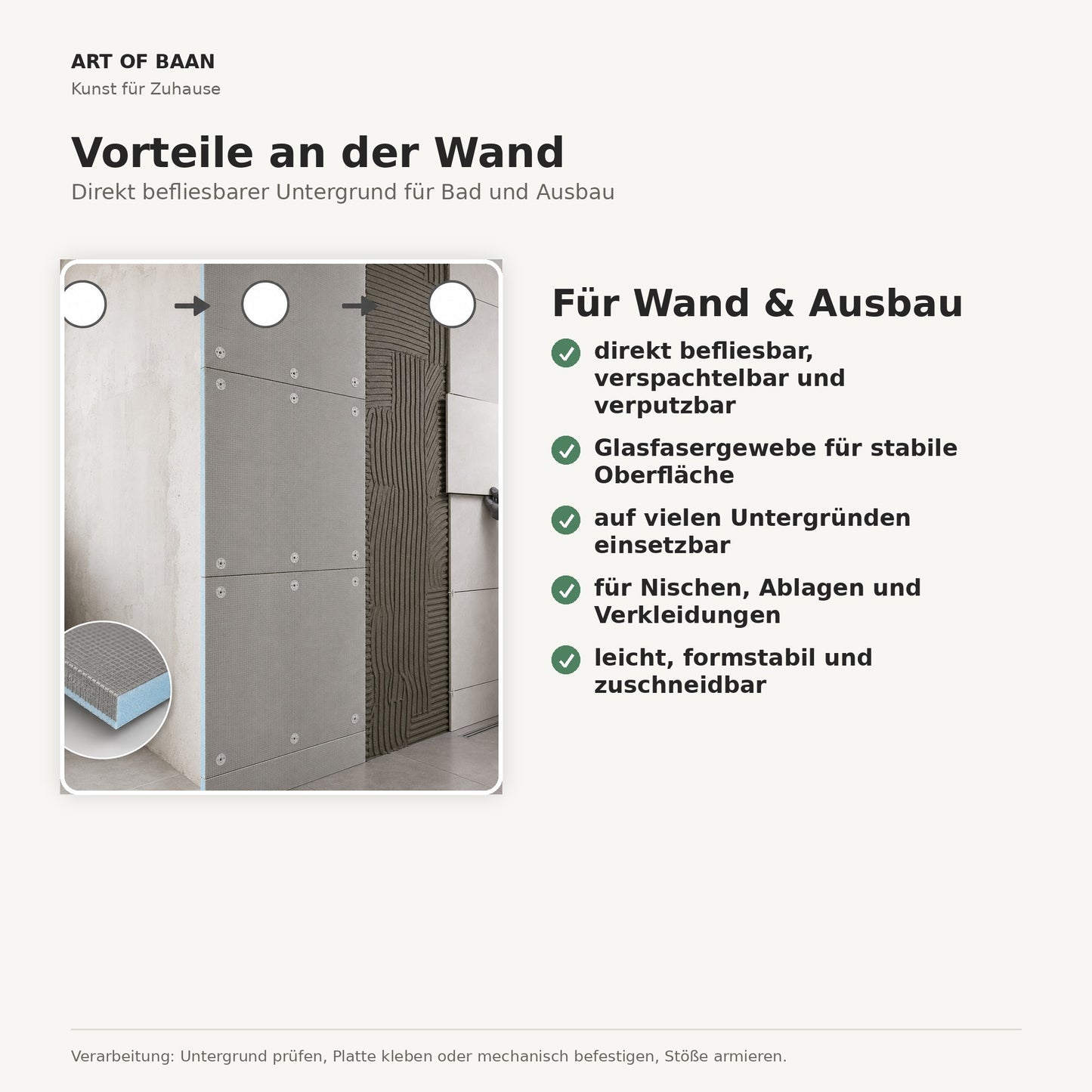 XPS Bauplatte von Art of Baan für Wand und Ausbau, direkt befliesbar, verspachtelbar und für Nischen oder Verkleidungen geeignet.