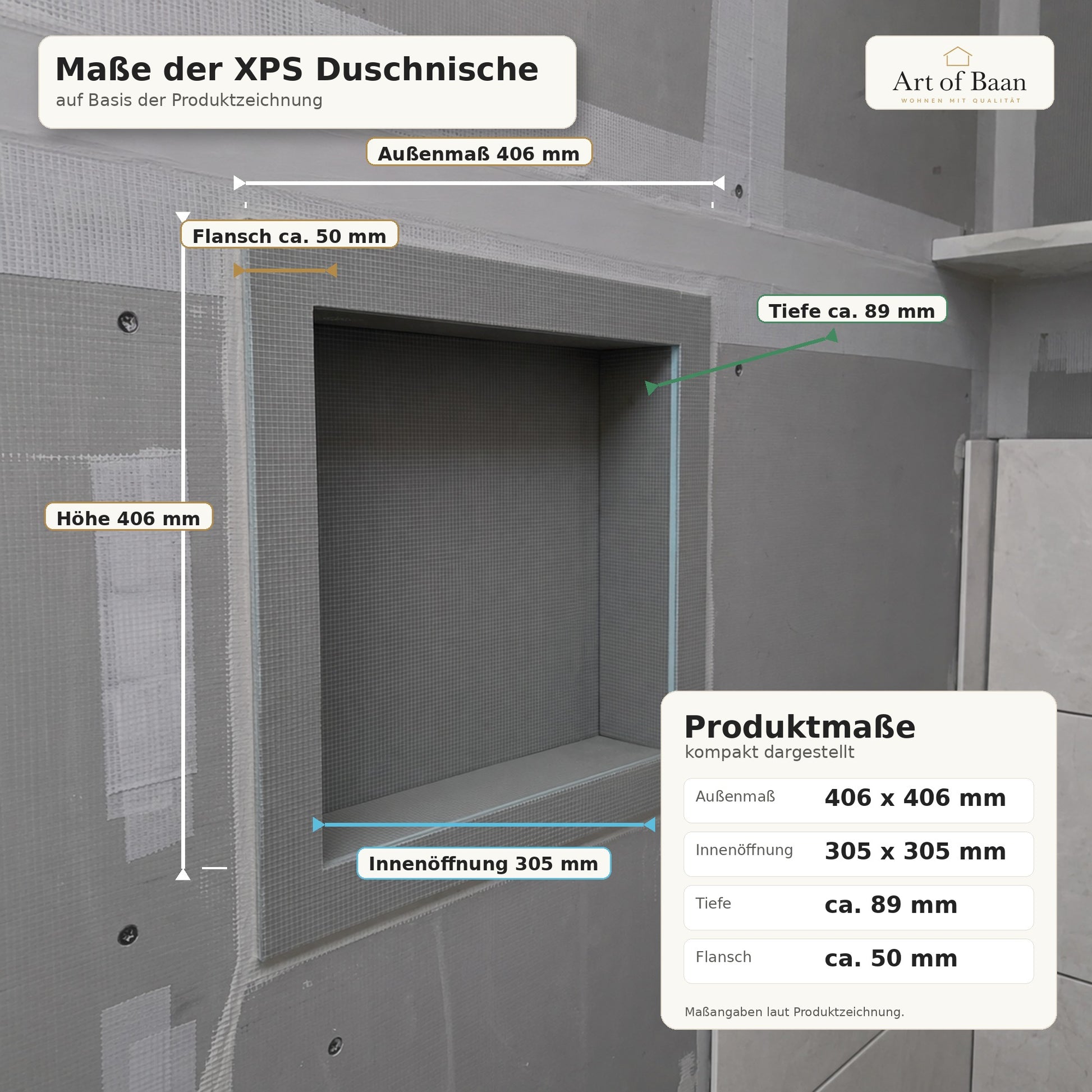 XPS Duschnische im Montagezustand mit Maßangaben 406 x 406 mm Außenmaß, 305 x 305 mm Innenöffnung, ca. 89 mm Tiefe und ca. 50 mm Flansch.