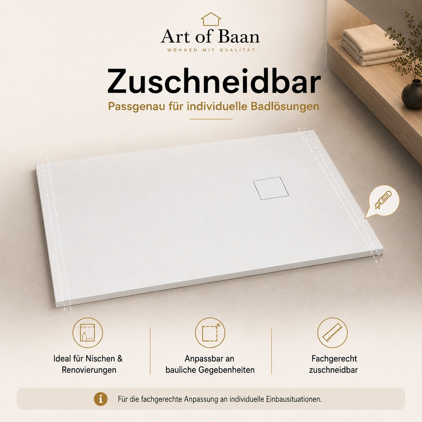 Zuschneidbare Art of Baan SMC Duschwanne in Weiß mit Schieferoptik für Nischen Renovierungen und individuelle Einbausituationen